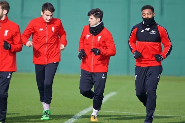 LIVERPOOL, ENGLAND - Friday, February 26, 2016: Liverpool's Pedro Chirivella, Joao Carlos Teixeira and Jordon Ibe during a training session at Melwood Training Ground ahead of the Football League Cup Final against Manchester City. (Pic by David Rawcliffe/Propaganda)