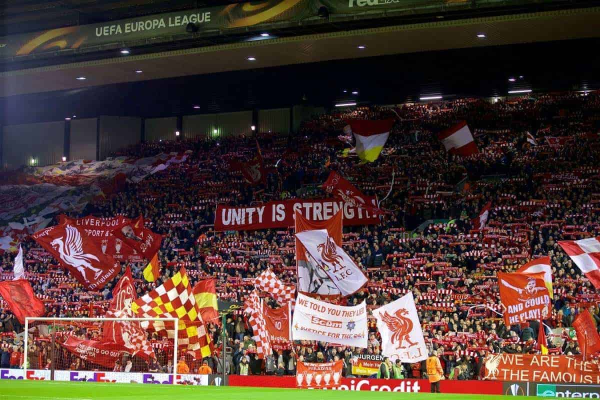 LIVERPOOL, ENGLAND - Thursday, March 10, 2016: Liverpool supporters on the Spion Kop with banners "Unity is Strength" and "We Told You They Lied, Justice for the 96" before the UEFA Europa League Round of 16 1st Leg match against Manchester United at Anfield. (Pic by David Rawcliffe/Propaganda)