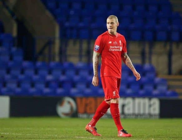 BIRKENHEAD, ENGLAND - Friday, March 11, 2016: Liverpool's Martin Skrtel in action against Manchester United during the Under-21 FA Premier League match at Prenton Park. (Pic by David Rawcliffe/Propaganda)