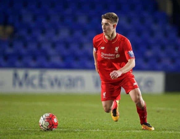 BIRKENHEAD, ENGLAND - Friday, March 11, 2016: Liverpool's Cameron Brannagan in action against Manchester United during the Under-21 FA Premier League match at Prenton Park. (Pic by David Rawcliffe/Propaganda)