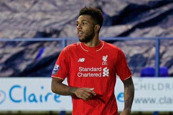 BIRKENHEAD, ENGLAND - Friday, March 11, 2016: Liverpool's Jerome Sinclair celebrates scoring the first goal against Manchester United during the Under-21 FA Premier League match at Prenton Park. (Pic by David Rawcliffe/Propaganda)
