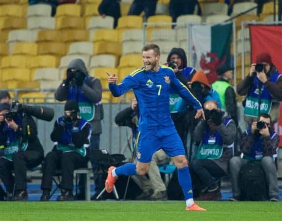 KIEV, UKRAINE - Easter Monday, March 28, 2016: Ukraine's Andriy Yarmolenko celebrates scoring the first goal against Wales during the International Friendly match at the NSK Olimpiyskyi Stadium. (Pic by David Rawcliffe/Propaganda)