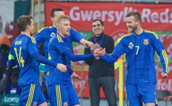 KIEV, UKRAINE - Easter Monday, March 28, 2016: Ukraine's Andriy Yarmolenko celebrates scoring the first goal against Wales during the International Friendly match at the NSK Olimpiyskyi Stadium. (Pic by David Rawcliffe/Propaganda)