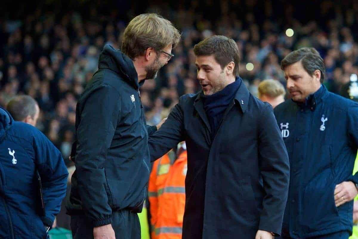 LIVERPOOL, ENGLAND - Saturday, April 2, 2016: Liverpool's manager Jürgen Klopp and Tottenham Hotspur's manager Mauricio Pochettino before the Premier League match at Anfield. (Pic by David Rawcliffe/Propaganda)