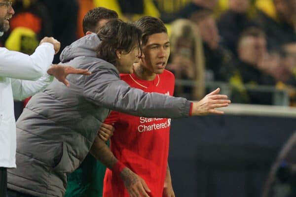 DORTMUND, GERMANY - Thursday, April 7, 2016: Liverpool's substitute Roberto Firmino is briefed by assistant manager Zeljko Buvac during the UEFA Europa League Quarter-Final 1st Leg match against Borussia Dortmund at Westfalenstadion. (Pic by David Rawcliffe/Propaganda)