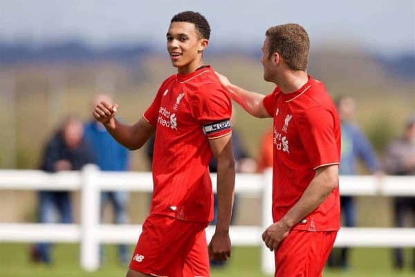 LIVERPOOL, ENGLAND - Saturday, April 9, 2016: Liverpool's Trent Alexander-Arnold [L] celebrates scoring the fourth goal against Everton during the FA Premier League Academy match at Finch Farm. (Pic by David Rawcliffe/Propaganda)