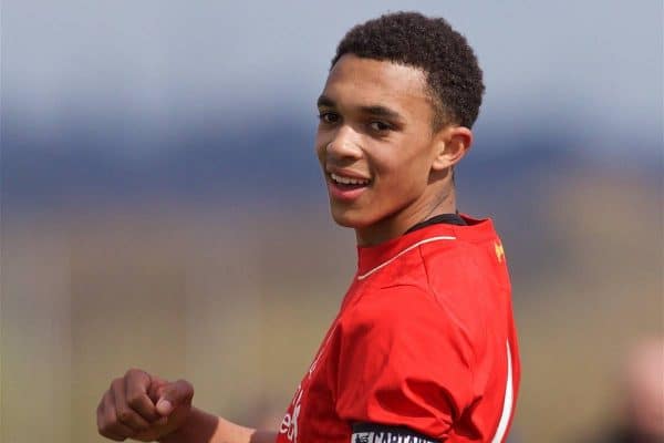 LIVERPOOL, ENGLAND - Saturday, April 9, 2016: Liverpool's Trent Alexander-Arnold [L] celebrates scoring the fourth goal against Everton during the FA Premier League Academy match at Finch Farm. (Pic by David Rawcliffe/Propaganda)