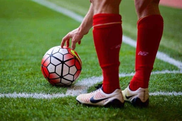 LIVERPOOL, ENGLAND - Sunday, April 10, 2016: Liverpool's James Milner places the ball over the quadrant to take a corner kick during the Premier League match against Stoke City at Anfield. (Pic by David Rawcliffe/Propaganda)