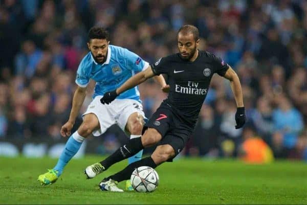 MANCHESTER, ENGLAND - Tuesday, April 12, 2016: Paris Saint-Germain's Lucas Rodrigues Moura da Silva and Manchester City's Gael Clichy during the UEFA Champions League Quarter-Final 2nd Leg match at the City of Manchester Stadium. (Pic by David Rawcliffe/Propaganda)