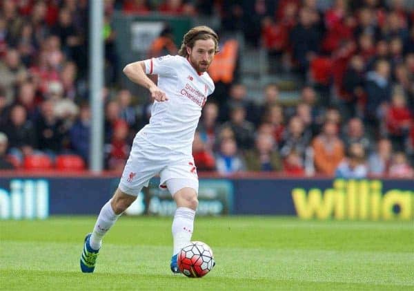 BOURNEMOUTH, ENGLAND - Sunday, April 17, 2016: Liverpool's Joe Allen in action against Bournemouth during the FA Premier League match at Dean Court. (Pic by David Rawcliffe/Propaganda)