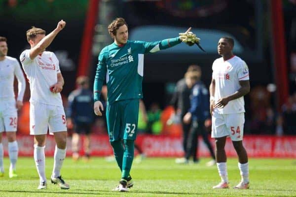 BOURNEMOUTH, ENGLAND - Sunday, April 17, 2016: Liverpool's goalkeeper Danny Ward after the 2-1 victory over Bournemouth during the FA Premier League match at Dean Court. (Pic by David Rawcliffe/Propaganda)