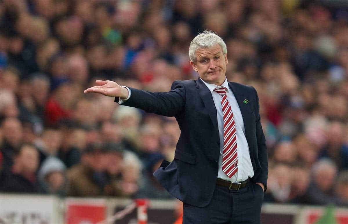 STOKE-ON-TRENT, ENGLAND - Monday, April 18, 2016: Stoke City's manager Mark Hughes during the FA Premier League match against Tottenham Hotspur at the Britannia Stadium. (Pic by David Rawcliffe/Propaganda)