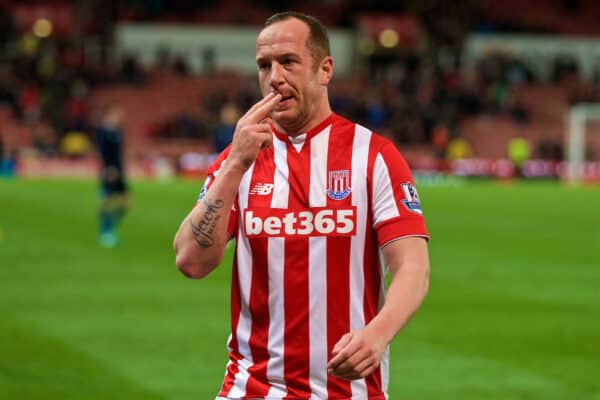 STOKE-ON-TRENT, ENGLAND - Monday, April 18, 2016: Stoke City's Charlie Adam subtlety gives the Tottenham Hotspur supporters the V sign during the FA Premier League match at the Britannia Stadium. (Pic by David Rawcliffe/Propaganda)