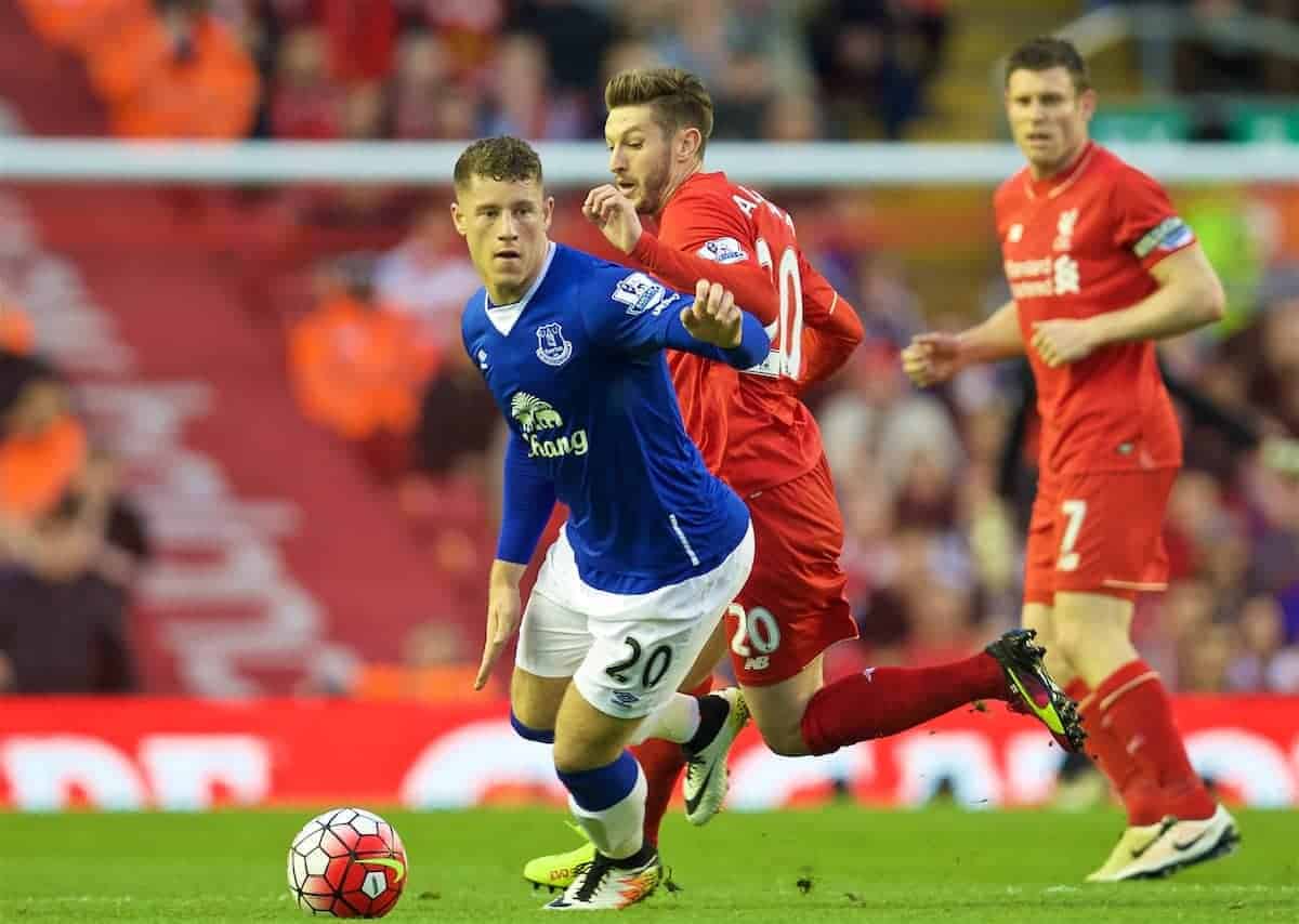 LIVERPOOL, ENGLAND - Wednesday, April 20, 2016: Liverpool's Adam Lallana and Everton's Ross Barkley during the Premier League match at Anfield, the 226th Merseyside Derby. (Pic by David Rawcliffe/Propaganda)