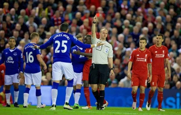 LIVERPOOL, ENGLAND - Wednesday, April 20, 2016: Everton's Ramiro Funes Mori is shown a red card and sent off by referee Robert Madley for a dangerous tackle on Liverpool's Divock Origi during the Premier League match at Anfield, the 226th Merseyside Derby. (Pic by David Rawcliffe/Propaganda)