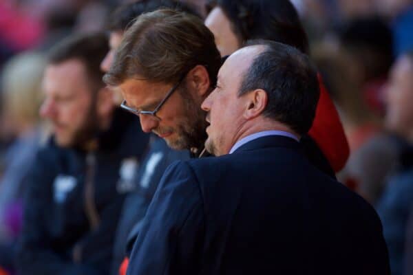 LIVERPOOL, ENGLAND - Saturday, April 23, 2016: Newcastle United's manager Rafael Benitez shares a joke with Liverpool's manager Jürgen Klopp during the Premier League match at Anfield. (Pic by Bradley Ormesher/Propaganda)