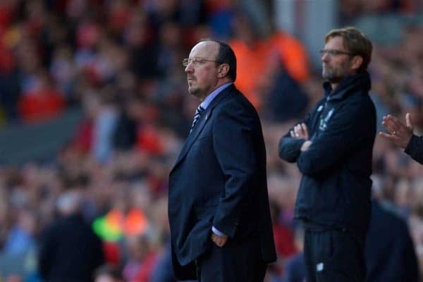 LIVERPOOL, ENGLAND - Saturday, April 23, 2016: Newcastle United's manager Rafael Benitez and Liverpool's manager Jürgen Klopp during the Premier League match at Anfield. (Pic by Bradley Ormesher/Propaganda)