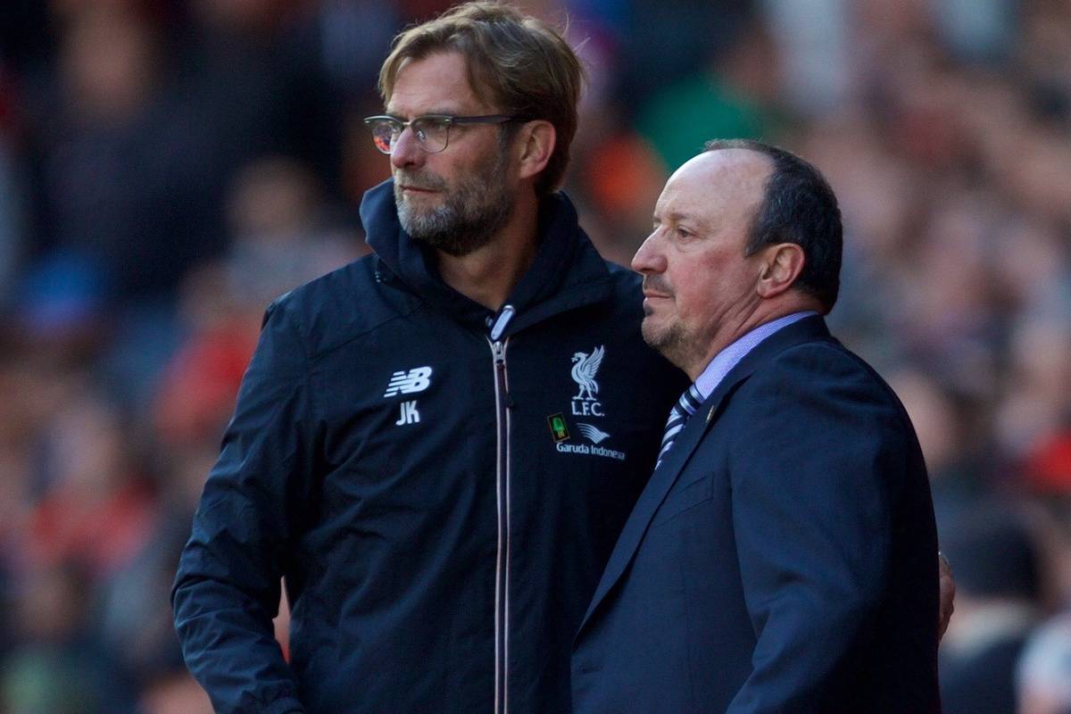 LIVERPOOL, ENGLAND - Saturday, April 23, 2016: Liverpool's manager Jürgen Klopp shakes hands with Newcastle United's manager Rafael Benitez after the 2-2 draw during the Premier League match at Anfield. (Pic by Bradley Ormesher/Propaganda)