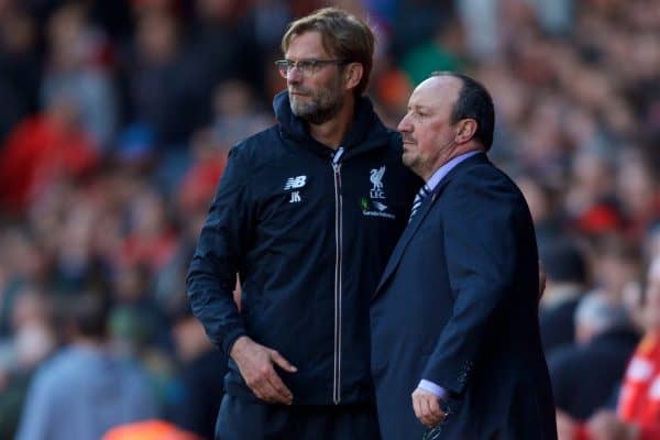 LIVERPOOL, ENGLAND - Saturday, April 23, 2016: Liverpool's manager Jürgen Klopp shakes hands with Newcastle United's manager Rafael Benitez after the 2-2 draw during the Premier League match at Anfield. (Pic by Bradley Ormesher/Propaganda)