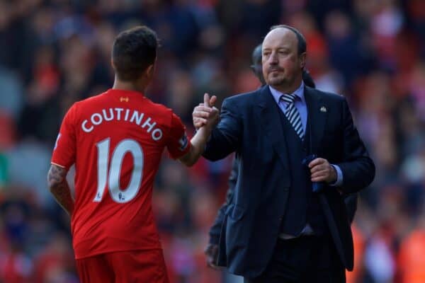 LIVERPOOL, ENGLAND - Saturday, April 23, 2016: Newcastle United's manager Rafael Benitez and Philippe Coutinho Correia after the 2-2 draw with his former club Liverpool during the Premier League match at Anfield. (Pic by Bradley Ormesher/Propaganda)