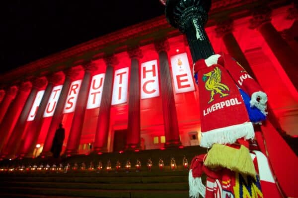 LIVERPOOL, ENGLAND - Tuesday, April 26, 2016: Liverpool City Council light up 96 lanterns and illuminate St George’s Hall on Lime Street in red along with a banner which names those who lost their lives in the Hillsborough Disaster on the 15 April 1989 and displays the words ‘Truth’ and ‘Justice’. This is to mark the verdicts in the two year inquest that returned a verdict of Unlawful Killing. (Pic by David Rawcliffe/Propaganda)
