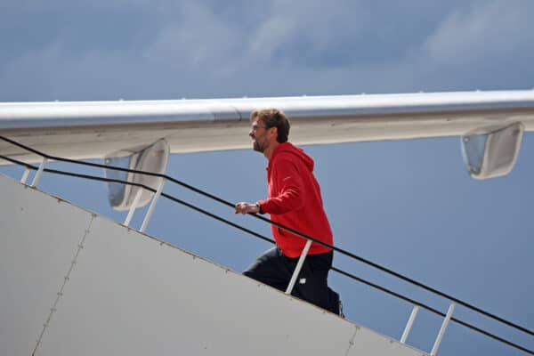 LIVERPOOL, ENGLAND - Wednesday, April 27, 2016: Liverpool's manager Jürgen Klopp and his players board their flight to Spain at Liverpool John Lennon Airport ahead of the UEFA Europa League Semi-Final 1st Leg match against Villarreal CF. (Pic by David Rawcliffe/Propaganda)