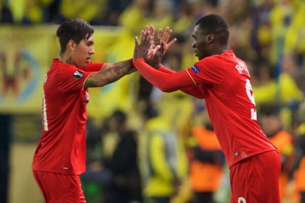 VILLRREAL, SPAIN - Thursday, April 28, 2016: Liverpool's Roberto Firmino is replaced by substitute Christian Benteke against Villarreal CF during the UEFA Europa League Semi-Final 1st Leg match at Estadio El Madrigal. (Pic by David Rawcliffe/Propaganda)