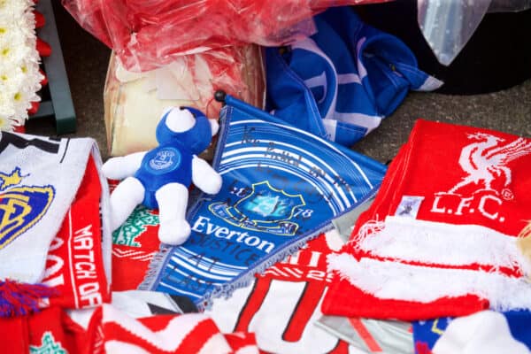 LIVERPOOL, ENGLAND - Thursday, May 5, 2016: An Everton pennant with the message "You picked on the wrong city, Justice at last" left amongst the floral tributes at Liverpool's temporary memorial to the 96 victims of the Hillsborough disaster, pictured ahead of the UEFA Europa League Semi-Final 2nd Leg match against Villarreal at Anfield. (Pic by David Rawcliffe/Propaganda)