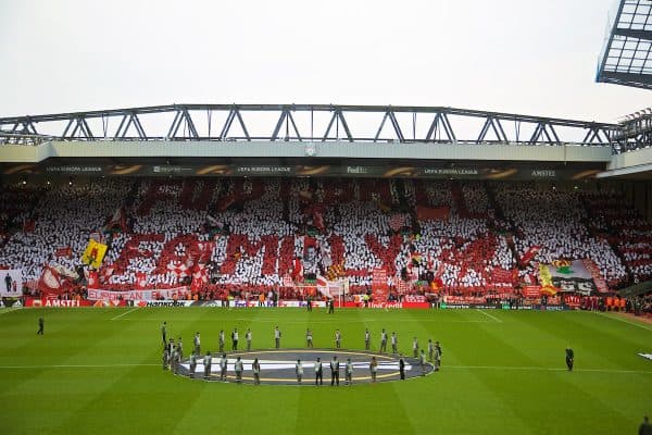 LIVERPOOL, ENGLAND - Thursday, May 5, 2016: Liverpool supporters' mosaic on the Spion Kop "Football Family" before the UEFA Europa League Semi-Final 2nd Leg match against Villarreal CF at Anfield. (Pic by David Rawcliffe/Propaganda)
