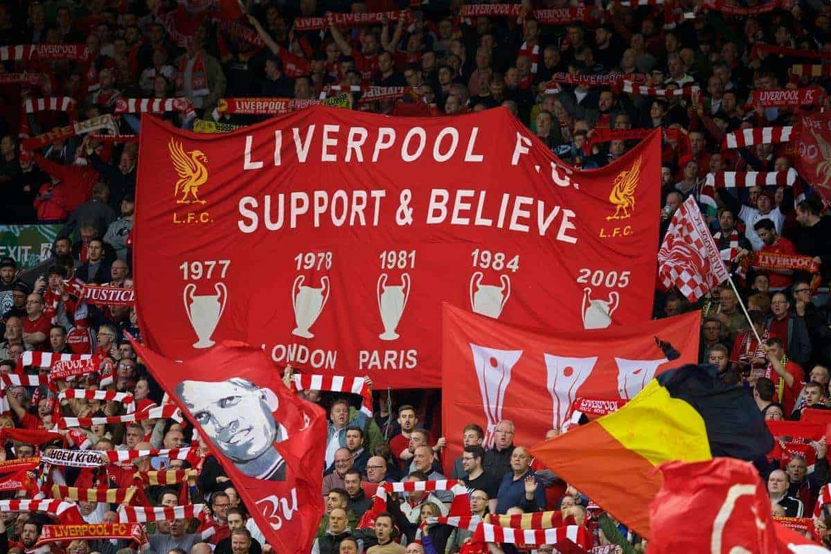 LIVERPOOL, ENGLAND - Thursday, May 5, 2016: Liverpool supporters on the Spion Kop before the UEFA Europa League Semi-Final 2nd Leg match against Villarreal CF at Anfield. (Pic by David Rawcliffe/Propaganda)