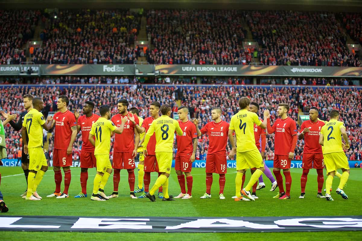 LIVERPOOL, ENGLAND - Thursday, May 5, 2016: Liverpool and Villarreal players shake hands before the UEFA Europa League Semi-Final 2nd Leg match at Anfield. (Pic by David Rawcliffe/Propaganda)