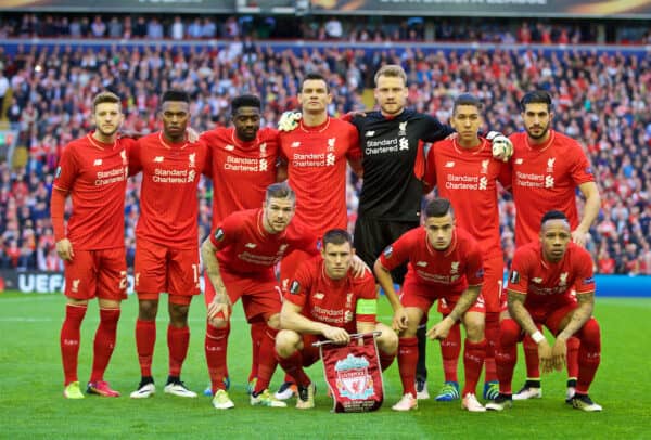 LIVERPOOL, ENGLAND - Thursday, May 5, 2016: Liverpool's players line up for a team group photograph before the UEFA Europa League Semi-Final 2nd Leg match against Villarreal CF at Anfield. Back row L-R: Adam Lallana, Daniel Sturridge, Kolo Toure, Dejan Lovren, goalkeeper Simon Mignolet, Roberto Firmino, Emre Can. Front row L-R: Alberto Moreno, James Milner, Philippe Coutinho Correia, Nathaniel Clyne. (Pic by David Rawcliffe/Propaganda)