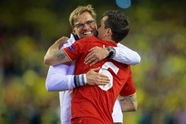 LIVERPOOL, ENGLAND - Thursday, May 5, 2016: Liverpool's manager Jürgen Klopp celebrates with Dejan Lovren after his side's 3-0 victory over Villarreal, reaching the final 3-1 on aggregate, during the UEFA Europa League Semi-Final 2nd Leg match at Anfield. (Pic by David Rawcliffe/Propaganda)