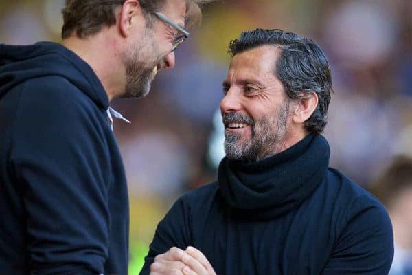 LIVERPOOL, ENGLAND - Sunday, May 8, 2016: Liverpool's manager Jürgen Klopp and Watford's head coach Quique Sánchez Flores before the Premier League match at Anfield. (Pic by David Rawcliffe/Propaganda)