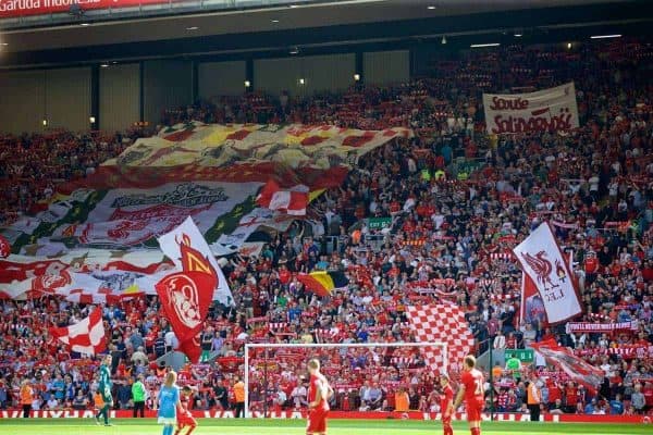 LIVERPOOL, ENGLAND - Sunday, May 8, 2016: Liverpool supporters on the Spion Kop before the Premier League match against Watford at Anfield. (Pic by David Rawcliffe/Propaganda)