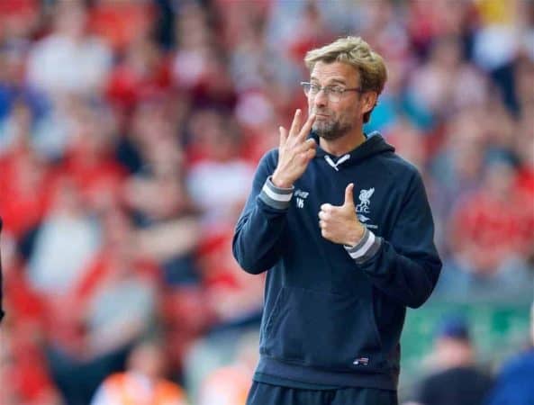 LIVERPOOL, ENGLAND - Sunday, May 8, 2016: Liverpool's manager Jürgen Klopp during the Premier League match against Watford at Anfield. (Pic by David Rawcliffe/Propaganda)