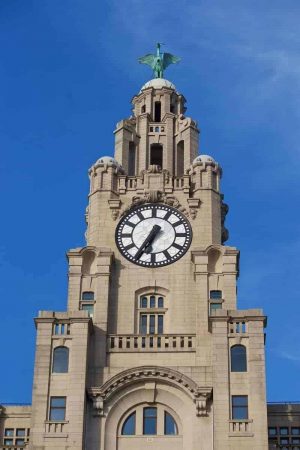 LIVERPOOL, ENGLAND - Monday, May 9, 2016: The clock face a Liver bird of the Royal Liver Building on Liverpool's historic World Heritage waterfront. (Pic by David Rawcliffe/Propaganda)