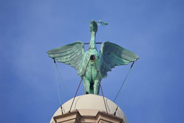 LIVERPOOL, ENGLAND - Monday, May 9, 2016: One of the Liver birds on the Royal Liver Building on Liverpool's historic World Heritage waterfront. (Pic by David Rawcliffe/Propaganda)