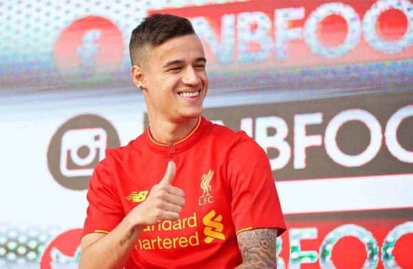 LIVERPOOL, ENGLAND - Monday, May 9, 2016: Liverpool's Philippe Coutinho Correia at the launch of the New Balance 2016/17 Liverpool FC kit at a live event in front of supporters at the Royal Liver Building on Liverpool's historic World Heritage waterfront. (Pic by Lexie Lin/Propaganda)