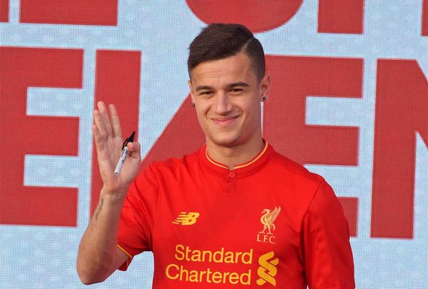 LIVERPOOL, ENGLAND - Monday, May 9, 2016: Liverpool's Philippe Coutinho Correia at the launch of the New Balance 2016/17 Liverpool FC kit at a live event in front of supporters at the Royal Liver Building on Liverpool's historic World Heritage waterfront. (Pic by David Rawcliffe/Propaganda)