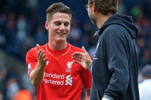 WEST BROMWICH, ENGLAND - Sunday, May 15, 2016: Liverpool's manager Jürgen Klopp shakes hands with Sergi Canos after his debut against West Bromwich Albion during the final Premier League match of the season at the Hawthorns. (Pic by David Rawcliffe/Propaganda)