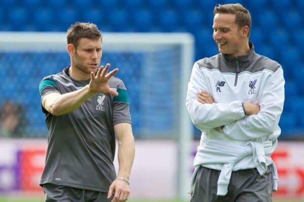 BASEL, SWITZERLAND - Tuesday, May 17, 2016: Liverpool's James Milner and first-team development coach Pepijn Lijnders during a training session ahead of the UEFA Europa League Final against Sevilla FC at St. Jakob-Park. (Pic by David Rawcliffe/Propaganda)