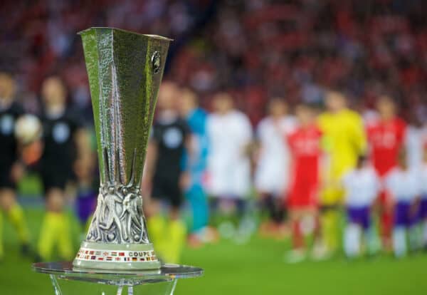 BASEL, SWITZERLAND - Wednesday, May 18, 2016: The UEFA Cup trophy on display before the UEFA Europa League Final between Liverpool and Sevilla at St. Jakob-Park. (Pic by David Rawcliffe/Propaganda)