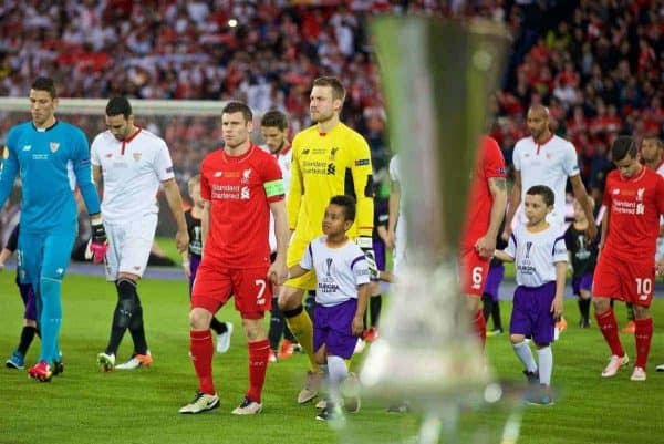 BASEL, SWITZERLAND - Wednesday, May 18, 2016: Liverpool's James Milner looks at the trophy as he leads his side out to face Sevilla during the UEFA Europa League Final at St. Jakob-Park. (Pic by David Rawcliffe/Propaganda)