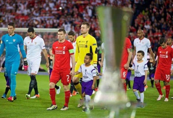 BASEL, SWITZERLAND - Wednesday, May 18, 2016: Liverpool's James Milner looks at the trophy as he leads his side out to face Sevilla during the UEFA Europa League Final at St. Jakob-Park. (Pic by David Rawcliffe/Propaganda)