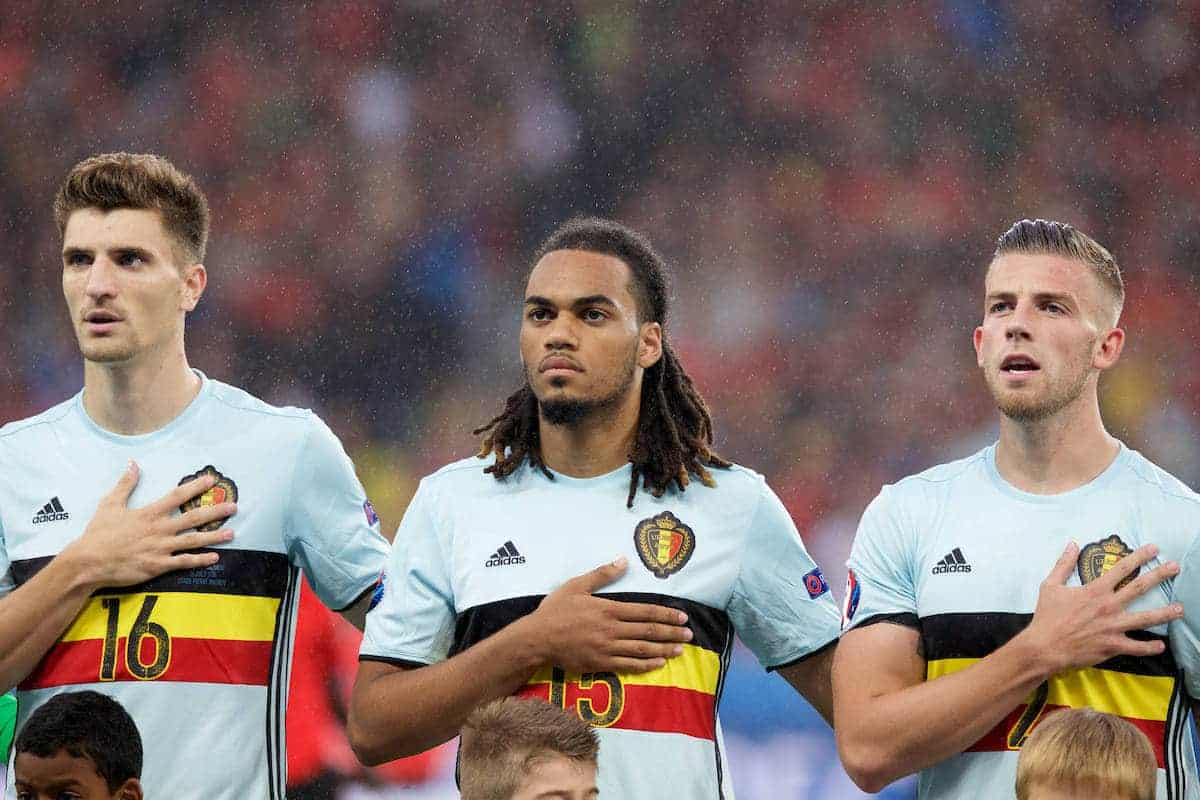 LILLE, FRANCE - Friday, July 1, 2016: Belgium's Thomas Meunier, Jason Denayer and Toby Alderweireld ahead of the UEFA Euro 2016 Championship Quarter-Final match against Wales at the Stade Pierre Mauroy. (Pic by Paul Greenwood/Propaganda)