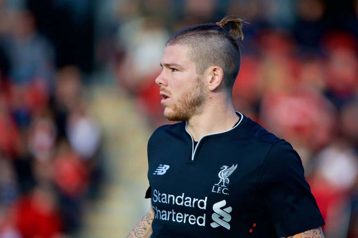 FLEETWOOD, ENGLAND - Wednesday, July 13, 2016: Liverpool's Alberto Moreno, with a tiny pony-tail, in action against Fleetwood Town during a friendly match at Highbury Stadium. (Pic by David Rawcliffe/Propaganda)