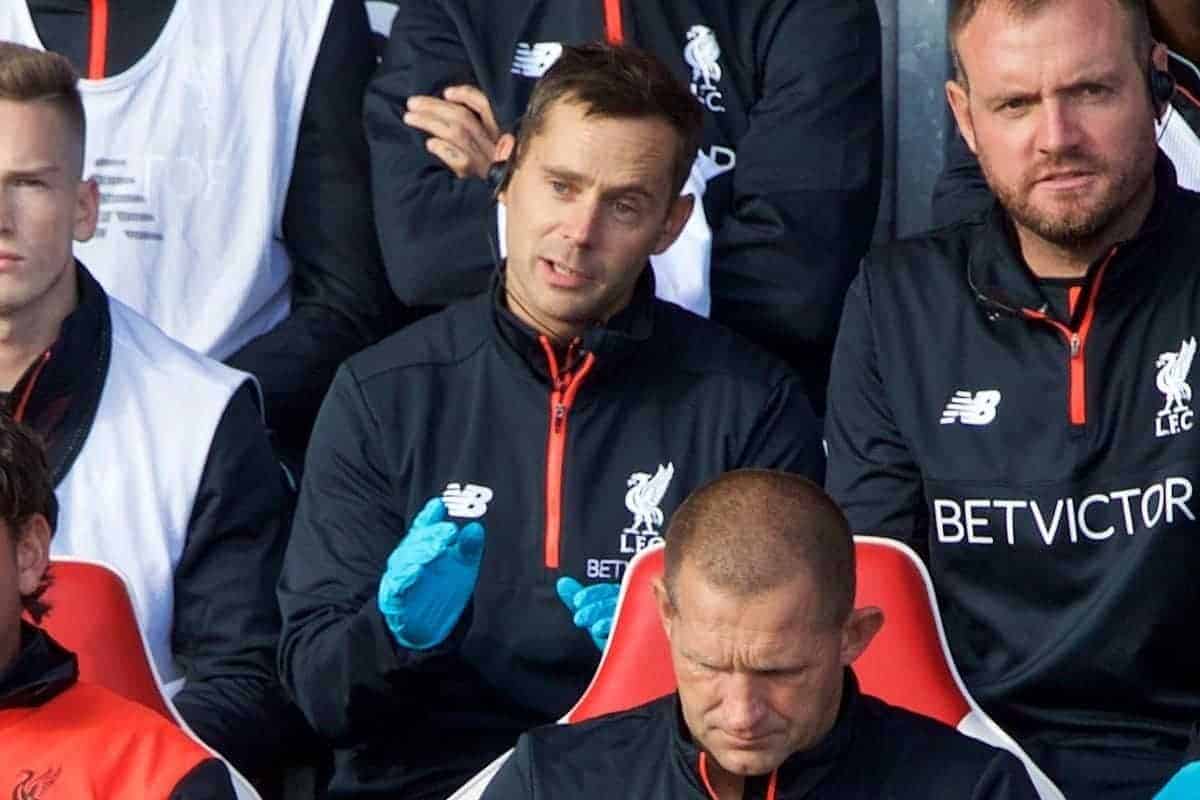 FLEETWOOD, ENGLAND - Wednesday, July 13, 2016: Liverpool's manager Jürgen Klopp with his staff assistant manager Zeljko Buvac, first team coach Peter Krawietz, goalkeeping coach John Achterberg, head of fitness and conditioning Andreas Kornmayer and substitutes during a friendly match against Fleetwood Town at Highbury Stadium. (Pic by David Rawcliffe/Propaganda)