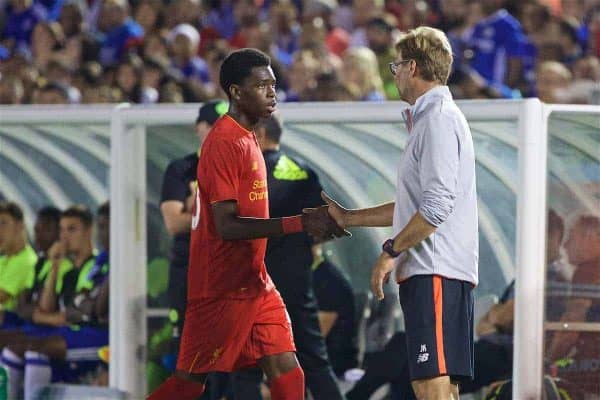 PASADENA, USA - Wednesday, July 27, 2016: Liverpool's manager Jürgen Klopp shakes hands with Oviemuno Ejaria after substituting him against Chelsea during the International Champions Cup 2016 game on day seven of the club's USA Pre-season Tour at the Rose Bowl. (Pic by David Rawcliffe/Propaganda)