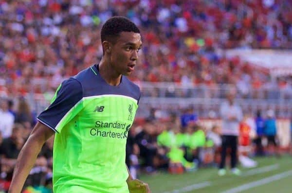 SANTA CLARA, USA - Saturday, July 30, 2016: Liverpool's Trent Alexander-Arnold in action against AC Milan during the International Champions Cup 2016 game on day ten of the club's USA Pre-season Tour at the Levi's Stadium. (Pic by David Rawcliffe/Propaganda)